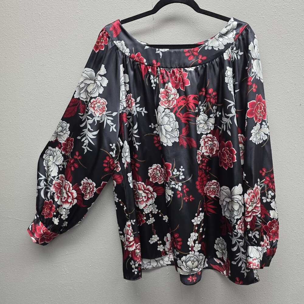 Jaclyn Smith Shirt Womens 2X Black Floral Boat Neck Balloon Sleeve Tunic Top